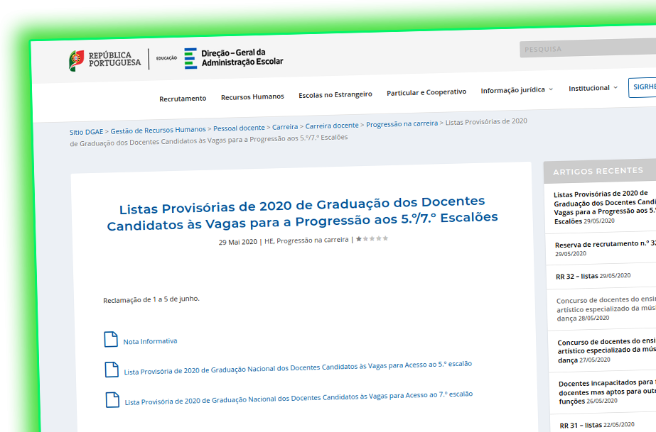 Listas Provisórias de 2020 de Graduação dos Docentes Candidatos às Vagas para a Progressão aos 5.º/7.º Escalões